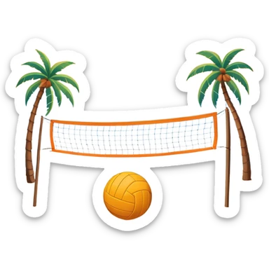 A volleyball resting on the orange sand of a beach, with a volleyball net in the background. The scene captures a sunny beach atmosphere with clear blue sea and sky, palm trees swaying, and people in swimsuits enjoying the vibrant surroundings sticker