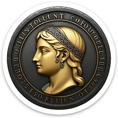 Emoji style, ancient coin made of blackened metal, “FORTUNA” engraved in refined fashion typography, heavy form, subtle worn metal texture, avant-garde editorial aesthetic, no glow, no neon, flat emoji design, centered, transparent background sticker