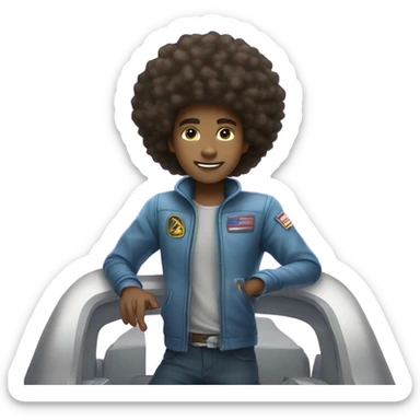 1 full-body Afro light-skinned skinned male teenager riding on a spaceship. sticker