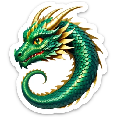 Cinematic Noble Dragon Portrait Emoji, Poised and majestic, with a sinuous, elongated body covered in intricately detailed, shimmering scales in hues of emerald and gold, and piercing, fiery eyes that reflect ancient wisdom; rendered with lifelike texture and natural highlights, high shine, intelligent and formidable, styled with an aura of mythic power, focused and attentive, soft glowing outline, capturing the essence of a legendary dragon that appears ready to soar out of the screen with timeless authority! sticker