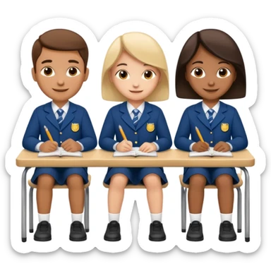 three school children sitting in a row behind their school desks sticker
