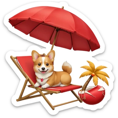 a corgi dog laied on a beach chair, a sunny beach, a sun umbrella, and beach coconut trees. the icon should capture the essence of a relaxing beach vacation with a carefree atmosphere sticker