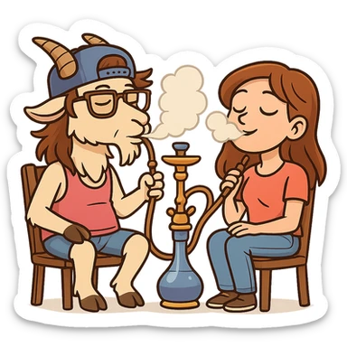 goat for Telegram stickers inspired by reference https://attic.sh/feoducyurkpqwz0la088soao98sx: wearing a cap, glasses, mullet hairstyle, pink drunkard tank top, sitting on a chair, smoking hooka with a girl https://i.ytimg.com/vi/x9PRt8xgy7Y/hqdefault.jpg . transparent background  sticker