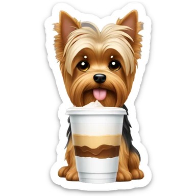 Yorkie dog with iced coffee sticker