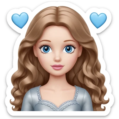 There are grey hearts all around Barbie girl Chestnut long wavy hair and blue eyes is In pale silver clothes sticker