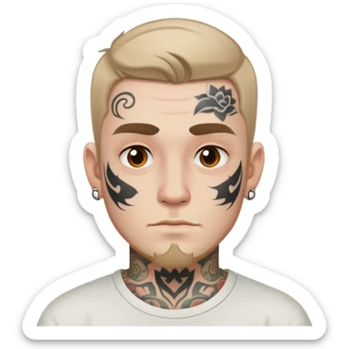 white man with face tattoo, neutral expression, wearing a white t-shirt sticker
