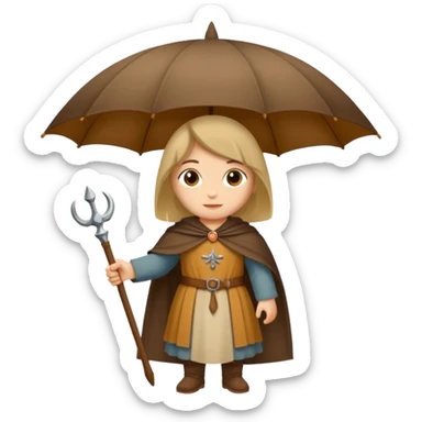 vorrei un piccolo pellegrino medievale in stile stickers sotto la pioggia con un grande ombrello sticker