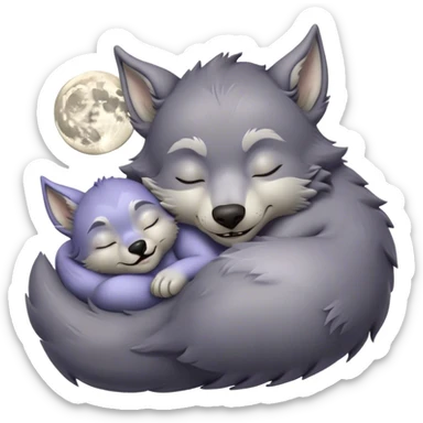 Meme-Worthy Cute Sleeping Werewolf Portrait Emoji, with a cuddly, miniature lupine form in soft moonlit grays and silvers, head resting peacefully with gently closed dreamy eyes and a small, content smile, simplified yet irresistibly endearing, highly detailed with a soft glowing outline that captures the cozy, sleepy essence of a werewolf after frolicking under the full moon! sticker