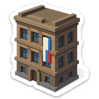 old Saint Petersburg building in voxel style, gray-brown tones, Russian flag hanging vertically in a window, isometric view sticker