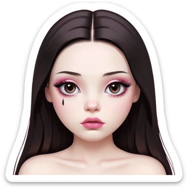 girl with white skin, dark brown long realistic straight hair with middle part prominently falling in front of her body over her shoulders, very big pouty extremely glossy ultra-shiny lips with nude reddish-pink lip gloss and absolutely no cupid's bow, big round eyes with very black shiny eyeballs and huge eyelashes, no eyeshadow, pink blush on cheeks, lighter button nose, extremely long oval-shaped face, wearing a pink off-shoulder top, looking directly at camera with hands down at sides sticker