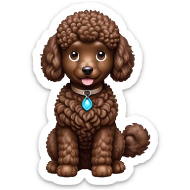cinematic-[poodle]-realistic-full-body-sitting-emoji,-tail-resting-loosely-beside-its-paws,-head-tilted-dramatically, -curly-[chocolate]-fur,-simplified-yet-realistic-focused-features,-highly-detailed,-glowing-with-an-almost-sarcastic-glow sticker