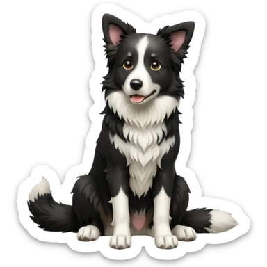 cinematic-[border collie dog]-realistic-full-body-sitting-emoji,-tail-resting-loosely-beside-its-paws,-head-tilted-dramatically,-scruffy-[black and white]-fur,-simplified-yet-realistic-focused-features,-highly-detailed,-glowing-with-an-almost-sarcastic-glow sticker