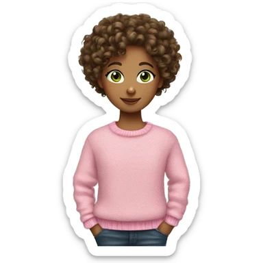 Brunette curly hair curl with green eyes and pink sweater sticker