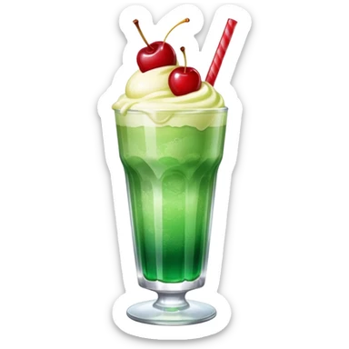 Create an emoji with a clear rounded glass, bright transparent green soda with fine bubbles, a smooth vanilla scoop circle shape, a glossy red cherry, using vibrant colors, soft shading, and clear glass highlights.
 sticker