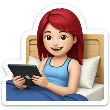 Girl laughing at phone in bed while playing Roblox on an iPad  sticker