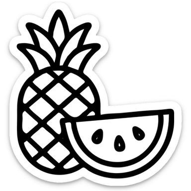 thick line outline icon of a pineapple next to a slice of watermelon, no fill, just contour sticker