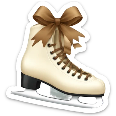 Cream color ice skates hanging from a brown bow sticker