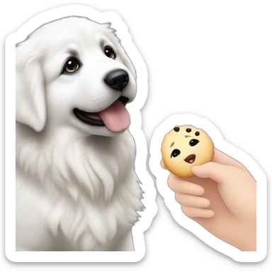 Great pyrenees puppy with black spot on eyes posing on the side looking at a hand with a treat sticker