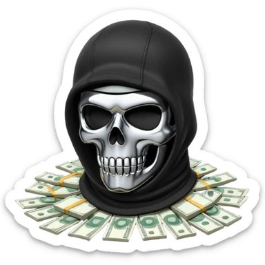3D isometric icon, black tactical balaclava over a chrome skull, pile of abstract money, brutalist aesthetic, black background. sticker