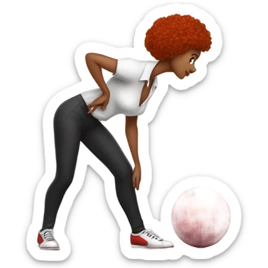 Black red-headed, female dancer bowling, in a standing, slightly bent over stance holding a bowling ball appropriate in size to their size sticker