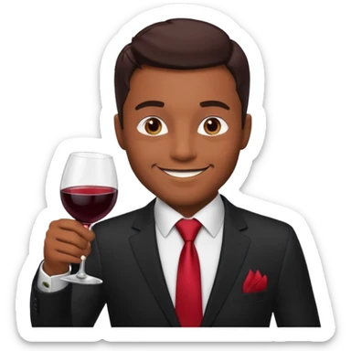 Man with black suit and red tie, brown skin, handsome, drinking wine with a happy face sticker