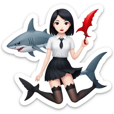 A girl in a white shirt, a black skirt and stockings with black hair, but there are glimpses of red on some areas of hair and also with a shark tail sticker