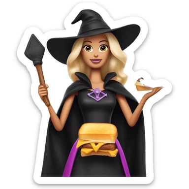 Barbie as a witch with a grilled cheese sandwich in one hand and a scepter in the other sticker