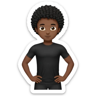 Generate a emoji of a black boy with dark skin, wearing a black compressed T-shirt, with short and very curly black hair sticker