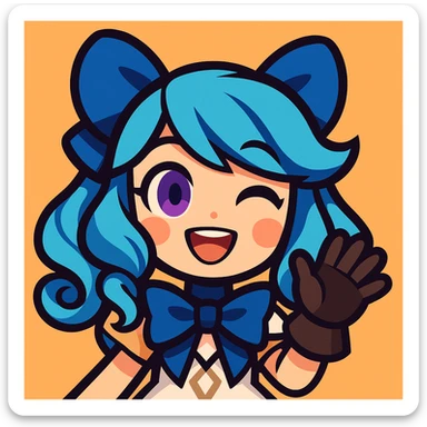 chibi style Gwen from League of Legends, only head, right eye purple, one hand waving with glove, smiling and energetic, vibrant toon style sticker