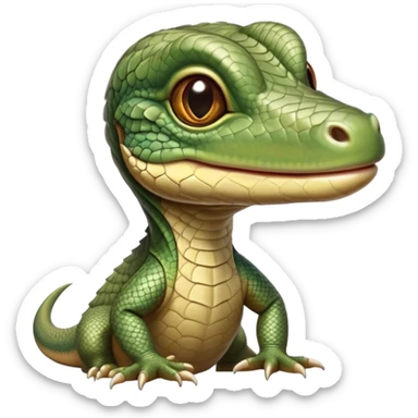 Cinematic Realistic Cute Monitor Lizard Portrait Emoji, Head tilted playfully and inquisitively, featuring a compact, agile body with finely detailed, glossy scales in earthy olive hues and a distinct, alert face with bright, curious eyes, rendered with lifelike natural highlights, high shine, affectionate and spirited, styled with a touch of rugged whimsy, soft glowing outline, capturing the essence of a mischievous yet lovable monitor lizard that seems poised to scurry playfully into your arms! sticker