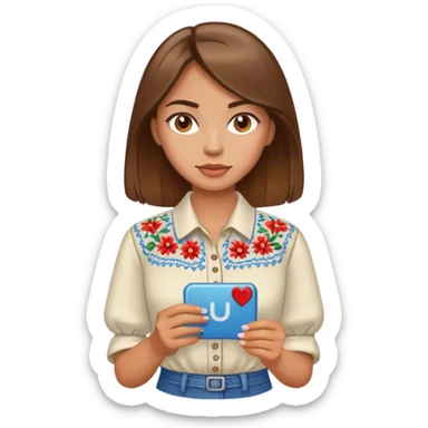 A Ukrainian girl with brown hair in an embroidered shirt holds a magnet sticker