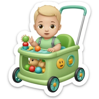 green baby walker with toys on it and on baby sticker