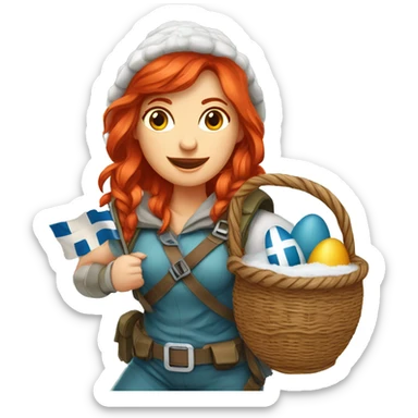 red hair female winter mountaineer climbing with Easter eggsbasket and Greek flag sticker