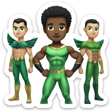 A full body Muscular Afro teenage boy standing in a green and the Sub Mariner Prince Namor with “wings on each ankle superhero costume. sticker