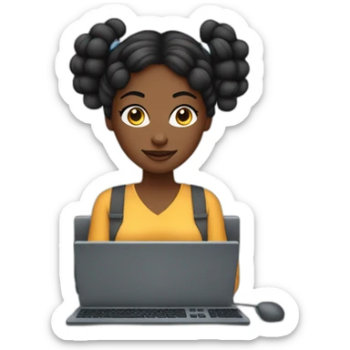 A black woman with space buns behind a computer screen, working in the field of technology sticker