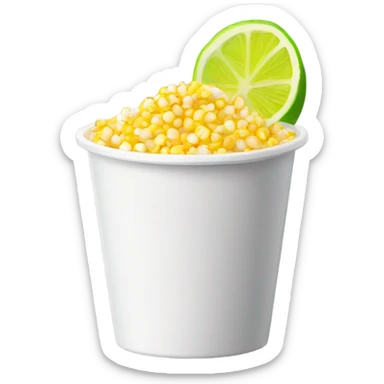 A white plastic cup filled whit yellow corn kernels, topped with grated cheese, white cream, chili powder, and a plastic spoon, with a hint of lime sticker