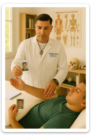 a middle-aged man, dressed in casual professional attire, is in a bright, organized therapy studio. Durante una visita di kinesiologia, il ragazzo tiene con una mano la foto di una persona lontana (il “testimone”) tiene la foto in mano, mentre con l’altra mano esegue un test muscolare su un cliente presente senza foto lui non tiene la foto. Sullo sfondo si vedono libri di kinesiologia, poster anatomici e strumenti tipici della disciplina. L’atmosfera è concentrata e serena, con luce naturale che entra dalla finestra, sottolineando l’aspetto alternativo e umano della pratica. sticker
