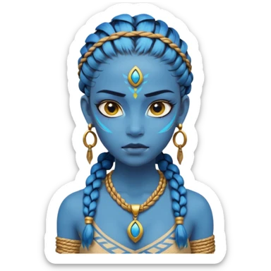 Create an icon of a Na’vi-inspired female character with glowing blue skin, braided hair, tribal forehead markings, large expressive eyes, gold earrings, and a rope necklace with a golden pendant. The expression should be calm and serious, matching the style of the movie Avatar sticker
