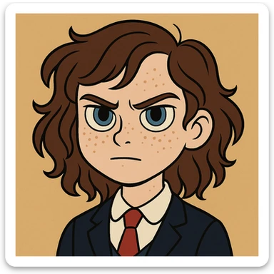 Make the girl's hair longer and curly, and put her in a school uniform. Maintain the original style and details of the image. sticker