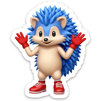 a blue hedgehog that has arms and legs with a tan chest fur, and some gloves and red and white shoes sticker