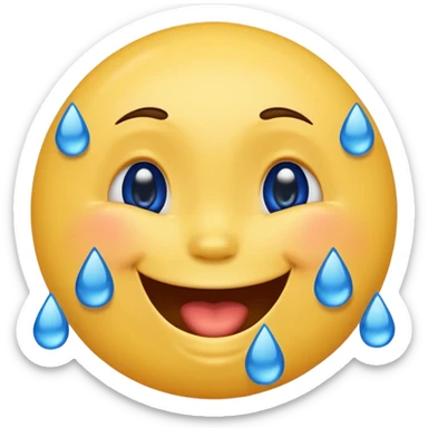Emoji, yellow round laughing face, blue tears of joy on it. 2 big blue tears on each of the 2 cheeks sticker