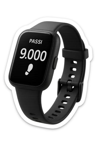 orologio contapassi che segna 9.000 passi sul display in italiano, fluttua in aria, iperrealistica 4k, isolato su sfondo bianco sticker