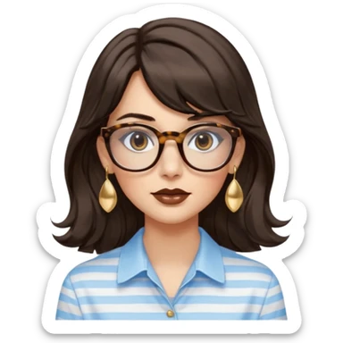 An emoji featuring a woman with long wavy dark brown hair and a whispy bang, wearing thick tortoise SQUARE glasses, gold drop earrings. She has long lashes and a nude browny glossy lipstick. She's wearing an oversize light blue shirt with white vertical strips. sticker