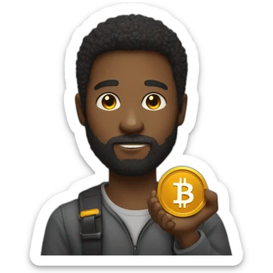 A dark young man with average beards holding a bitcoin token  sticker