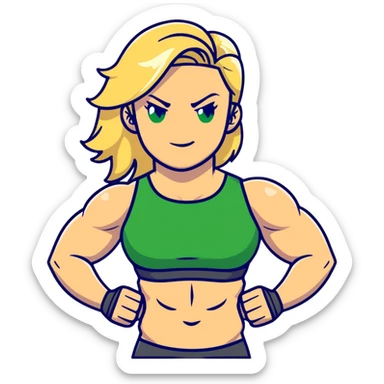 muscular white girl with blonde hair and green eyes, flexing 6 pack abs and one arm bicep sticker