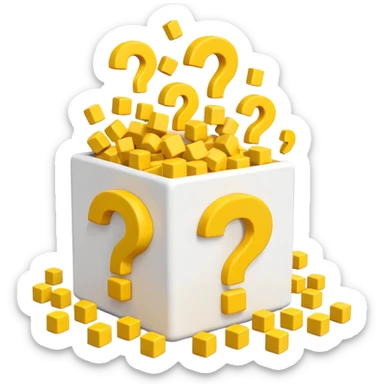 white cube shaped box over stuffed with yellow question marks sticker
