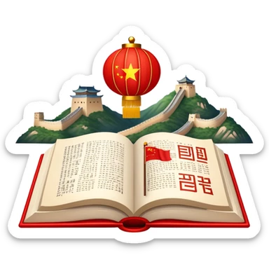 An icon featuring the Great Wall of China and the flag of China, symbolizing the Chinese language. The design includes an open book with Chinese characters and a red lantern, representing language learning and rich cultural tradition. Transparent background highlights the depth of Chinese heritage. sticker