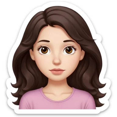 Aesthetic white girl with really long wavy/curly hair color dark brown, hair must be in front of the shoulders (hair in front of the shoulders). Big almond shape tired eyes color brown with dark circles, wide nose, natural lips, sweet expression. Dressed with a cute tight top color light pink. sticker