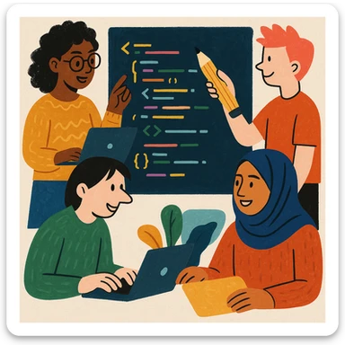 group of people collaborating on code, different art styles, teamwork, diverse characters, creative illustration sticker