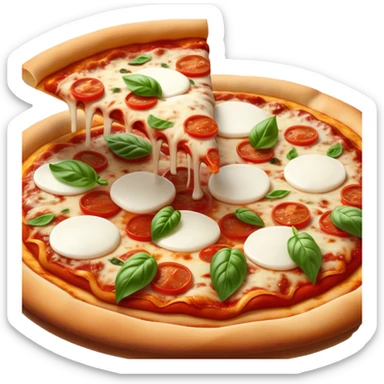 Cinematic Realistic Pizza Napoletana Dish Emoji, depicted as a classic thin‚Äêcrust pizza topped with vibrant tomato sauce, fresh mozzarella, and basil rendered with mouth‚Äêwatering textures and warm natural lighting. sticker